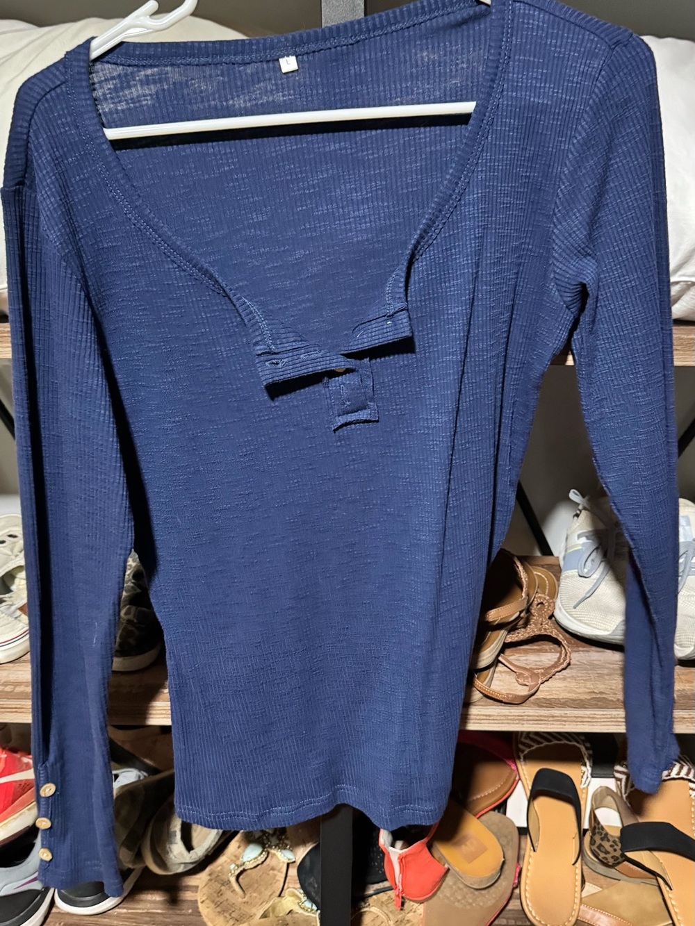 Amazon Women's Navy Ribbed Long-Sleeve Henley Top